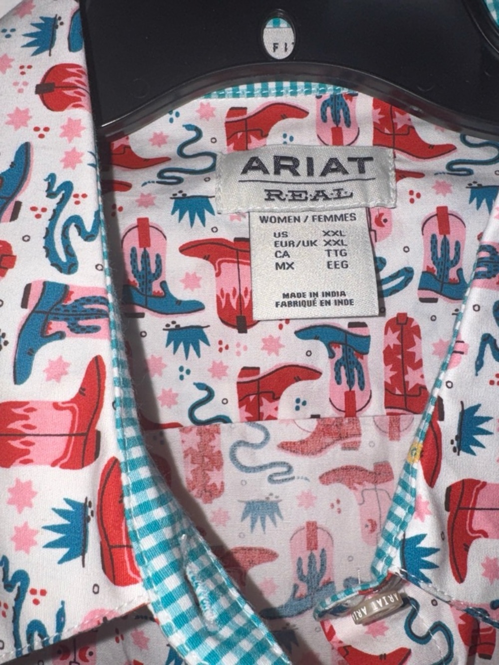 Ariat White Button-Down Shirt with Red and Teal Boot Print - Picture 3 of 7